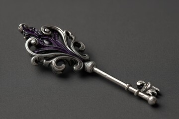 Poster - Ornate silver key with intricate design and purple accents displayed on a dark surface