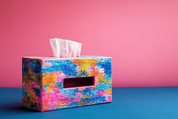 Poster - Colorful tissue box with vibrant design placed against a pink and blue backdrop