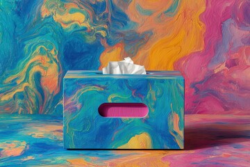 Poster - Colorful tissue box surrounded by vibrant abstract artwork in a creative setting