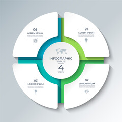 Wall Mural - Vector infographic template featuring a modern, 3D-style circular layout divided into 4 steps. Ideal for presenting business processes, timelines, workflows, marketing steps, or educational content.