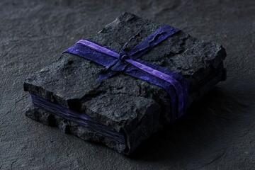 Poster - Unique textured black book wrapped in purple ribbon placed on dark stone surface with natural lighting