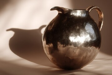 Poster - Artistic silver jug displayed on a neutral background highlighting its curves and shadows in soft light