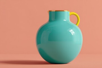 Poster - Bright turquoise ceramic jug with yellow handle against a coral background in a modern setting