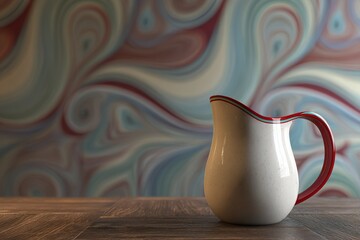Poster - Decorative pitcher on wooden table against colorful abstract wall in a cozy interior setting