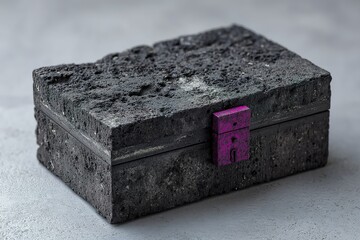 Poster - Unique textured box made of dark material with vibrant purple lock on a gray surface