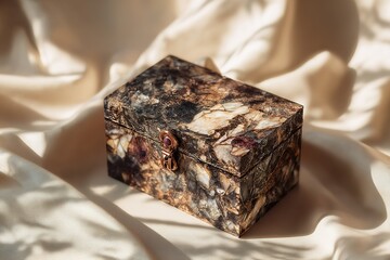Poster - Decorative jewelry box crafted from natural stone sits elegantly on soft fabric in warm lighting