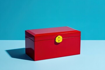 Poster - Bright red storage box on a pastel blue background highlighting modern design and simplicity during bright daylight
