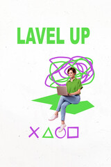 Aufkleber - Composite sketch design artwork 3D photo collage of lavel up young lady play laptop addicted user gamer video game sit line doodle