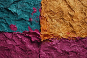 Poster - Vibrant textured paper arranged in colorful patches showcasing a mix of teal, orange, and magenta hues for artistic use