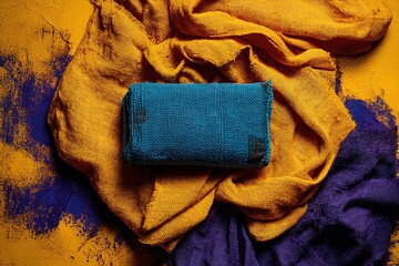 Poster - Colorful textiles arranged artistically on vibrant background at an indoor creative workspace