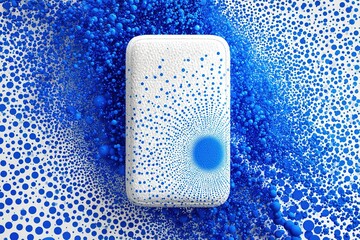 Poster - Colorful abstract design with blue dots radiating from a white shape on a textured surface