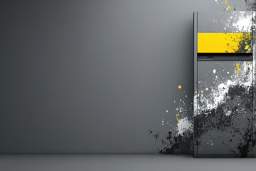 Poster - Modern refrigerator with yellow accent and abstract paint splatter on gray wall in contemporary setting