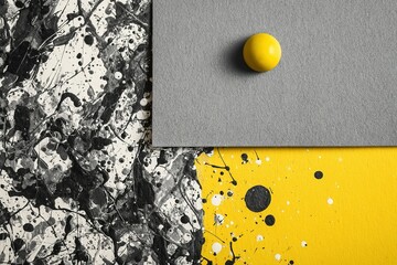 Poster - Dynamic abstract composition featuring black, gray, and yellow elements with a bold circular accent in a studio setting