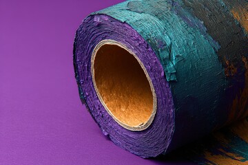 Poster - Colorful textured roll of paint on a vibrant purple background showcasing artistic materials and crafting potential