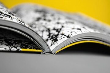 Poster - Colorful abstract art book lies open against a vibrant yellow backdrop showcasing intricate black and white designs