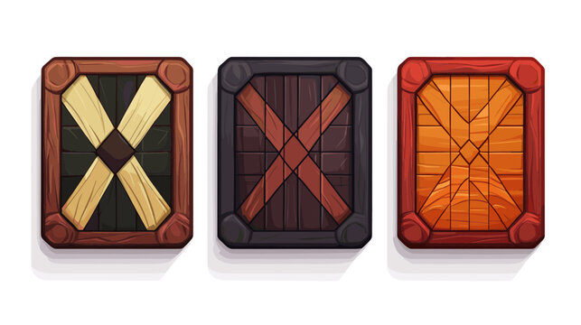 Collection of Rectangular Pixel Art Shields with Wooden Texture and Dark Cross Decoration on White Background