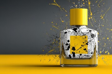 Poster - Colorful nail polish bottle on a vibrantly painted background with splashes of yellow and black paint