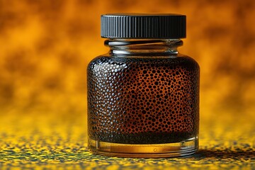 Poster - Dark glass jar filled with liquid stands against a vivid orange and black dotted background
