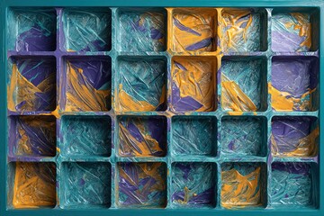 Poster - Vibrant abstract painting with teal, purple, and orange colors in a grid pattern showcasing artistic texture and modern design