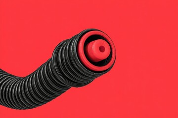 Poster - Unique black and red coiled tube on vibrant red background showcasing modern industrial design elements