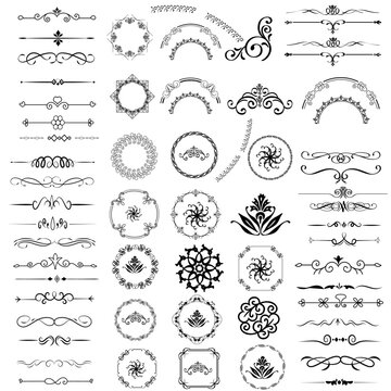 Ornate vintage frames and scroll elements. Set of text delimiters. Decorative vintage frames and borders set. Vector design. flower ornament.