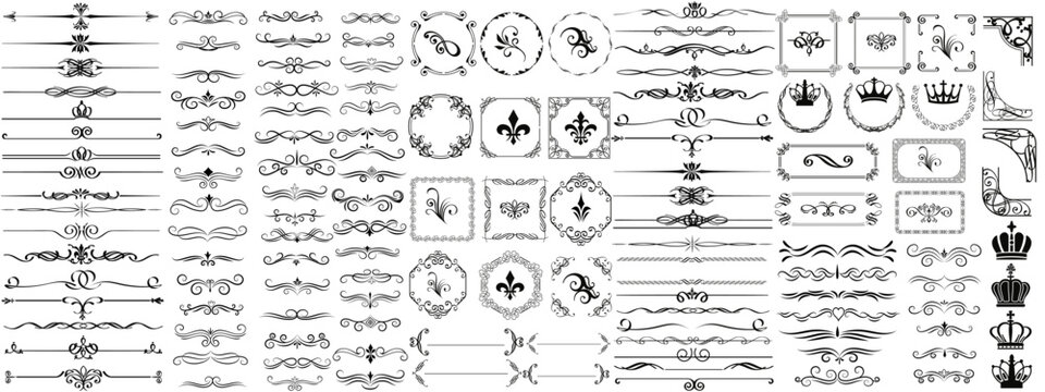 Ornate vintage frames and scroll elements. Set of text delimiters. Decorative vintage frames and borders set. Vector design. flower ornament.