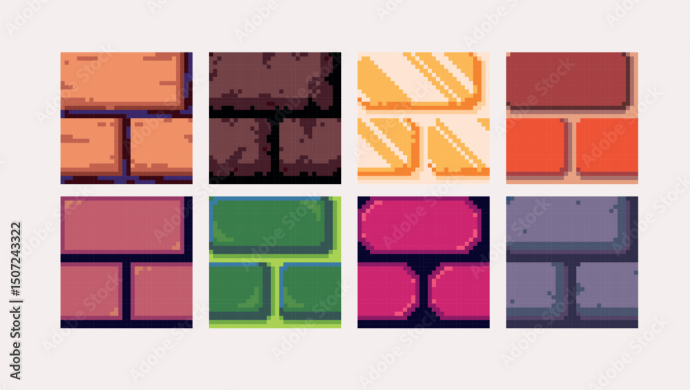 Pixel Block Style Stone castle bricks pixel art square blocks. Brickwork wall 8 bit ...