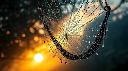 A dew-covered spiderweb hangs, with a soft golden light behind it.