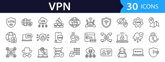 Aufkleber - VPN Web Icon Set in Line Style. Collection of Internet security Linear Icons, Including privacy, proxy, firewall, online protection, cybersecurity, privacy, secure connection and more. Editable Stroke