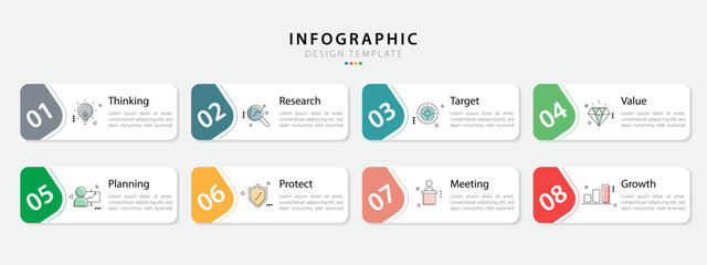 Fototapete - Timeline Creator infographic template. 8 Step timeline journey, calendar Flat simple infographics design template. presentation graph. Business concept with 8 options, gantt vector illustration.