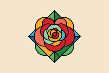 Poster - Geometric Rose: Stylized Flower Illustration with Bold Outlines and a Colorful, Contemporary Design on Light Beige Background                         