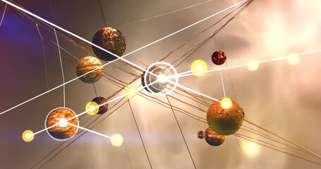 Wall Mural - A cosmic scene with planets suspended by glowing lines, evoking a sense of mystery and wonder.