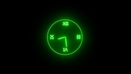 Poster - Glowing Green Neon Clock Displaying Six O Clock on a Dark Black Background
