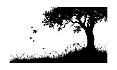 Hand-drawn Chestnut Tree in Autumn Forest, wild tree silhouette, vintage hillside style, seasonal nature clipart, rustic woodland background, vector illustration, outdoor landscape.