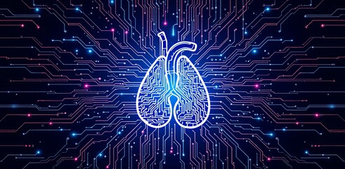 Aufkleber - A digital lung illustration with glowing circuit lines, symbolizing the intersection of technology and healthcare innovation.