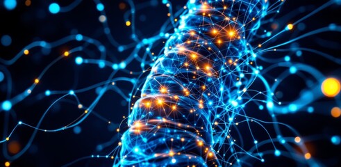 Fototapete - A glowing network of interconnected blue and orange nodes forms a twisting, abstract, technological structure on a dark background.