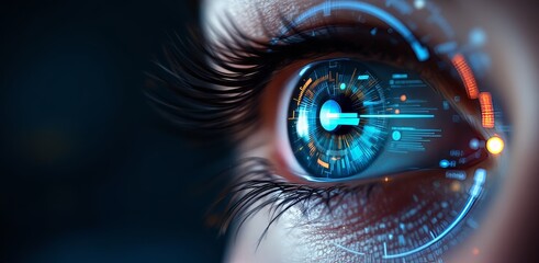 Poster - A human eye with futuristic, digital interfaces and blue technology elements, symbolizing advanced cyber or AI integration.