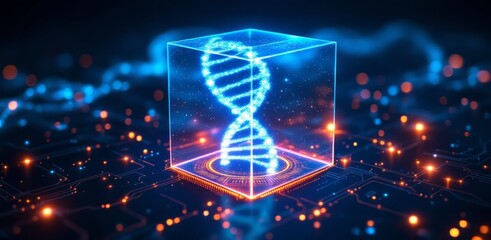 Leinwandbilder - A glowing digital DNA helix is displayed inside a transparent cube, surrounded by futuristic circuit-like patterns and vibrant lights.