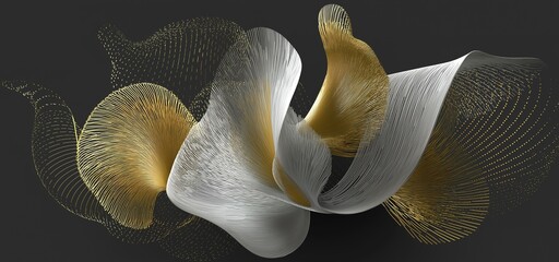 Abstract geometric  symbol with dynamic curves and metallic gold highlights against muted charcoal background, balanced ivory/silver accents for corporate identity systems and digital assets.