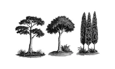 cypress tree outdoor illustration set, coastal rainy season, forest design, engraving style, wild tr