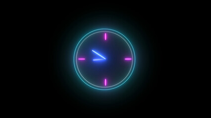 Poster - Glowing Neon Clock with Blue Hands and Pink Markers on Black Background