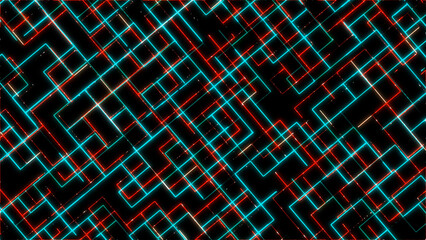 Poster - Abstract Geometric Background with Neon Lines in Blue Red and Gold on a Black Backdrop