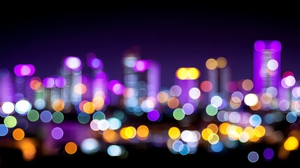Poster - Night City Lights Bokeh - Blurred city lights at night, bokeh effect, purple and gold tones. Perfect for backgrounds or design