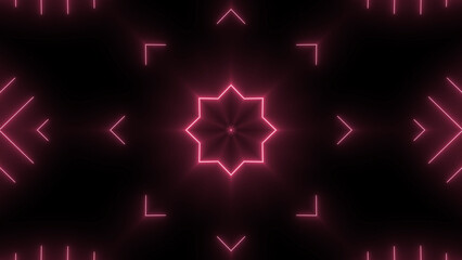 Poster - Abstract Neon Kaleidoscope Background with Geometric Shapes and Glowing Lines in Pink Color on Black