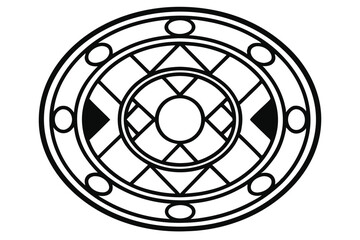 Poster - Geometric Circular Design: A symmetrical black and white illustration featuring triangles, rectangles, and a central circle in a concentric pattern, suitable for logo design.