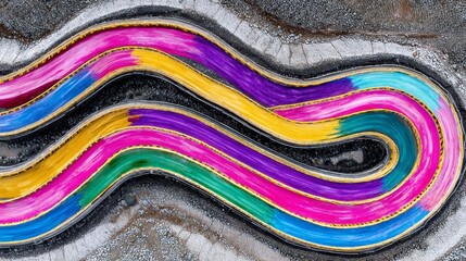 Poster - Colorful Winding Channels - Aerial view of vibrant, winding channels painted in multiple colors, set against a grey gravel background