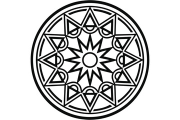Poster - Geometric Mandala: Circular Design with Sharp Angles, Triangles and Starburst Pattern in Black and White for Design and Decorative Elements.          