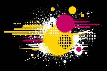 Poster - Abstract Yellow Pink and White Splashes - Energetic abstract art with yellow, pink, and white paint splashes on a black background. Modern and dynamic design