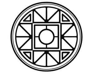 Poster - Geometric Round Mandala, Black Outline with Circular and Square Forms, Abstract Symbol on White Background, Simple Design.                            