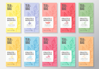 Wall Mural - Fruit and Berries Tea Labels Collection. Abstract Vector Packaging Design Layouts Set with Realistic Shadows. Modern Typography, Hand Drawn Tea Leaves Silhouettes Background. Beverage Emblems Isolated